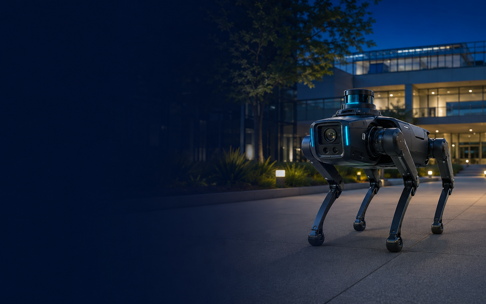 Concept render of an ORIMUS quadruped security robot patrolling a modern campus